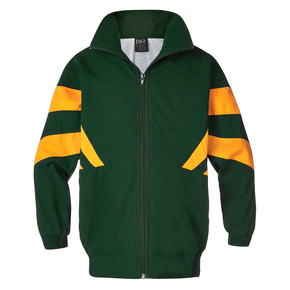 Kids bottle green full-zip sport jacket with gold chevron panels on chest and sleeves, hood, ribbed cuffs