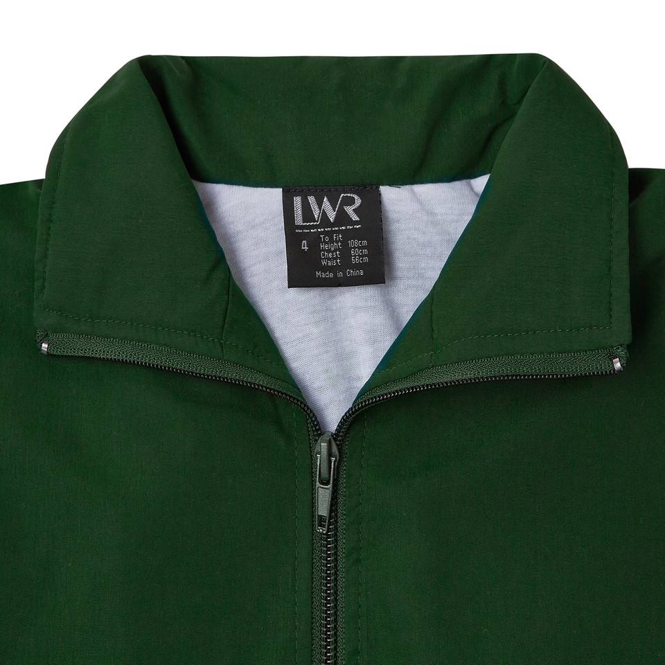 Bottle green kids microfibre sport jacket with zip-through front and fold-over collar, white contrast lining visible at neckline