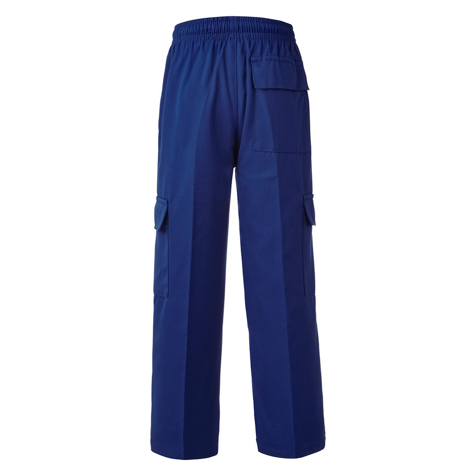 Royal blue kids cargo pants rear view showing elasticated waist and flap side pockets