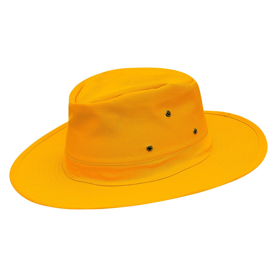Golden yellow broad brim slouch hat with metal eyelets and structured crown, packshot on white