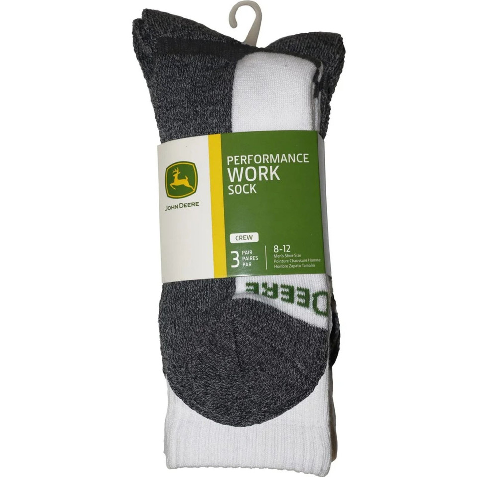 John Deere Performance Work Crew Socks 3-pack in white and charcoal grey, packaged with branded label