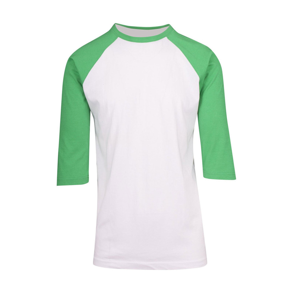White raglan tee with grass green three-quarter sleeves and contrasting neckline trim