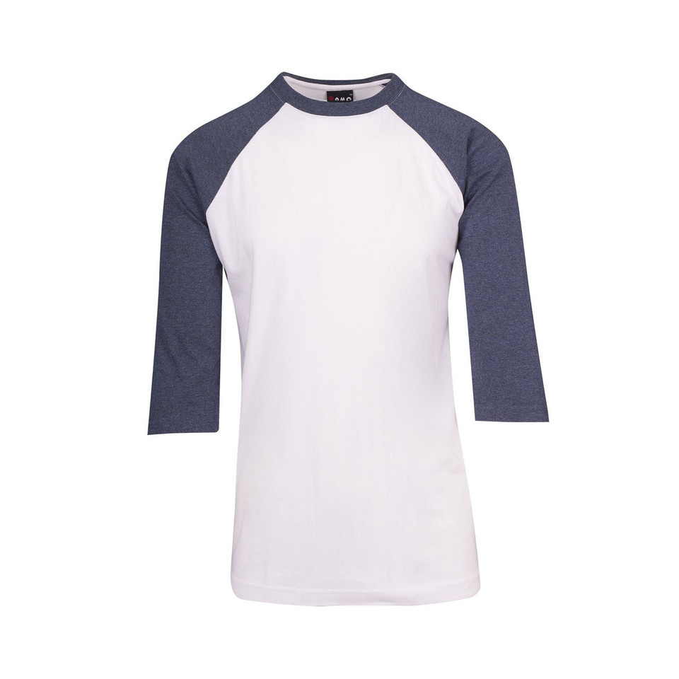 White baseball tee with heather navy three-quarter length raglan sleeves and contrast neckline