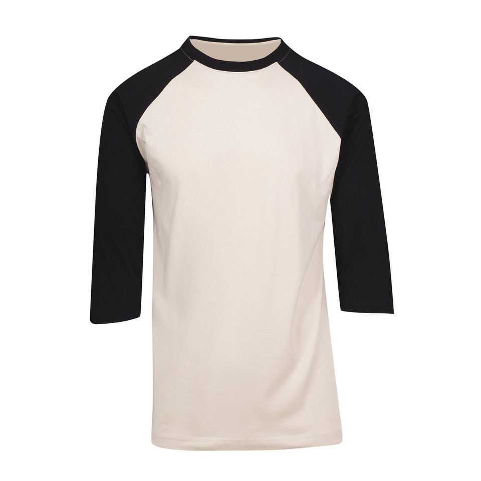 Natural body with black contrast three-quarter raglan sleeves baseball tee with crew neckline