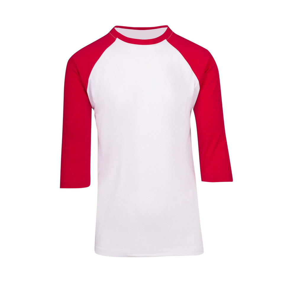 White raglan tee with red three-quarter sleeves and contrast crew neck