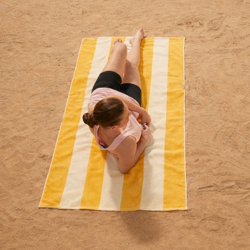 INLET | Plain Striped Terry Towel Beach Towel - Gold/Cream