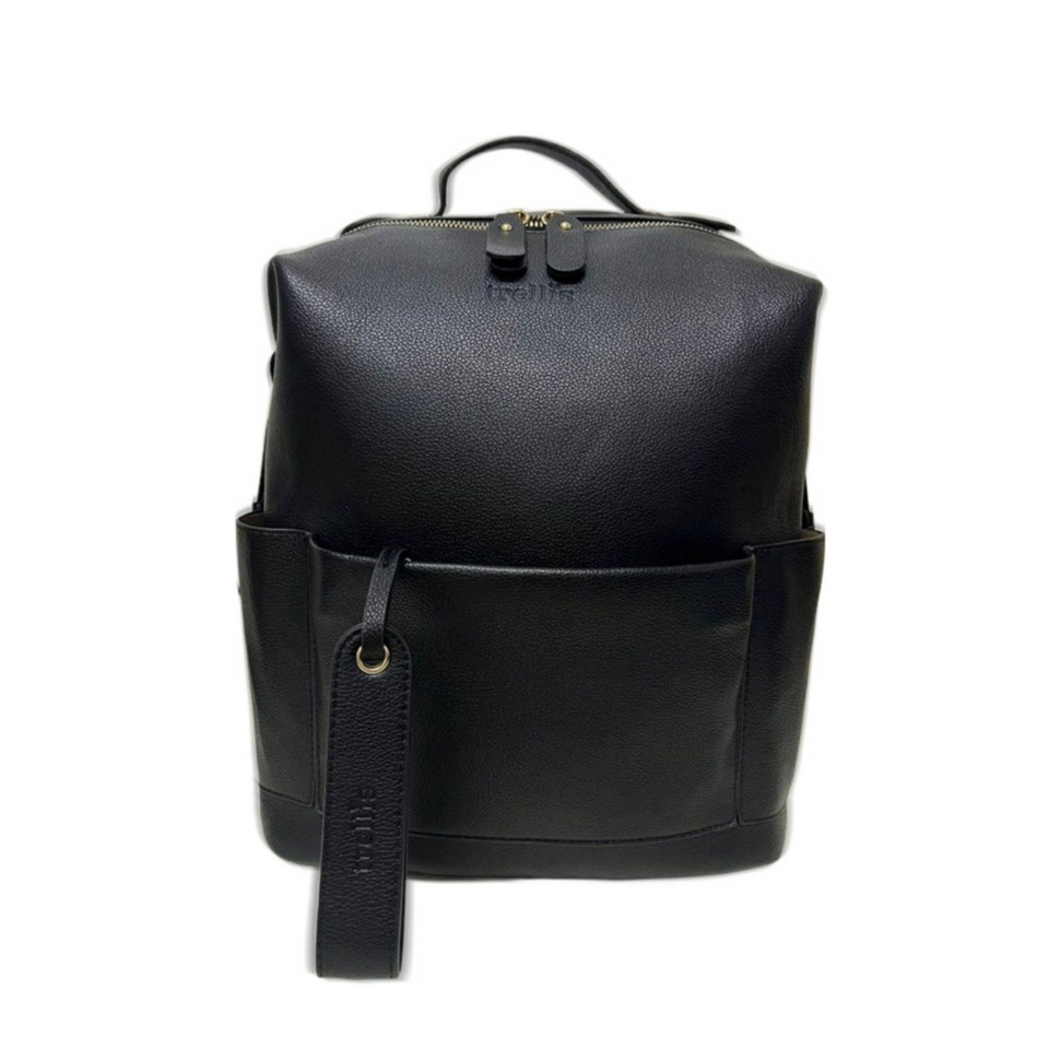 Black vegan leather convertible backpack with front slip pockets, top handle and branded wrist strap tag