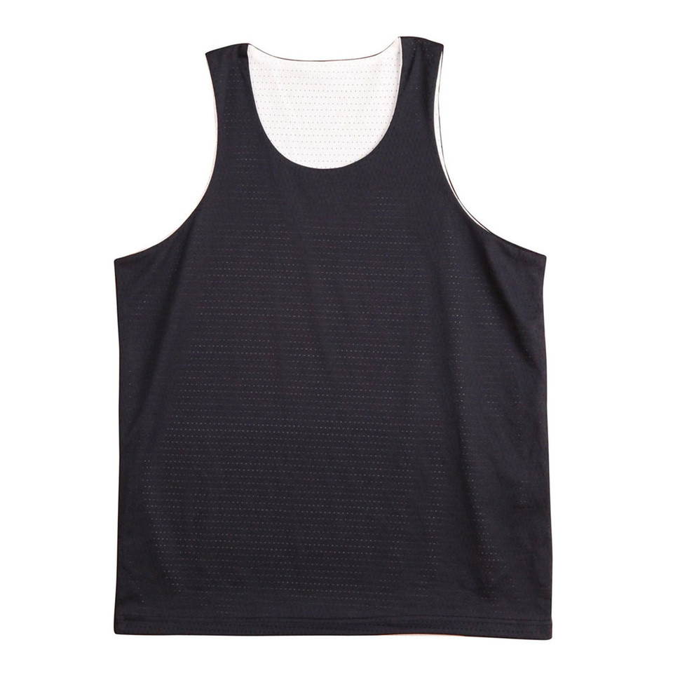 Black reversible basketball singlet with white contrast lining and scoop neckline