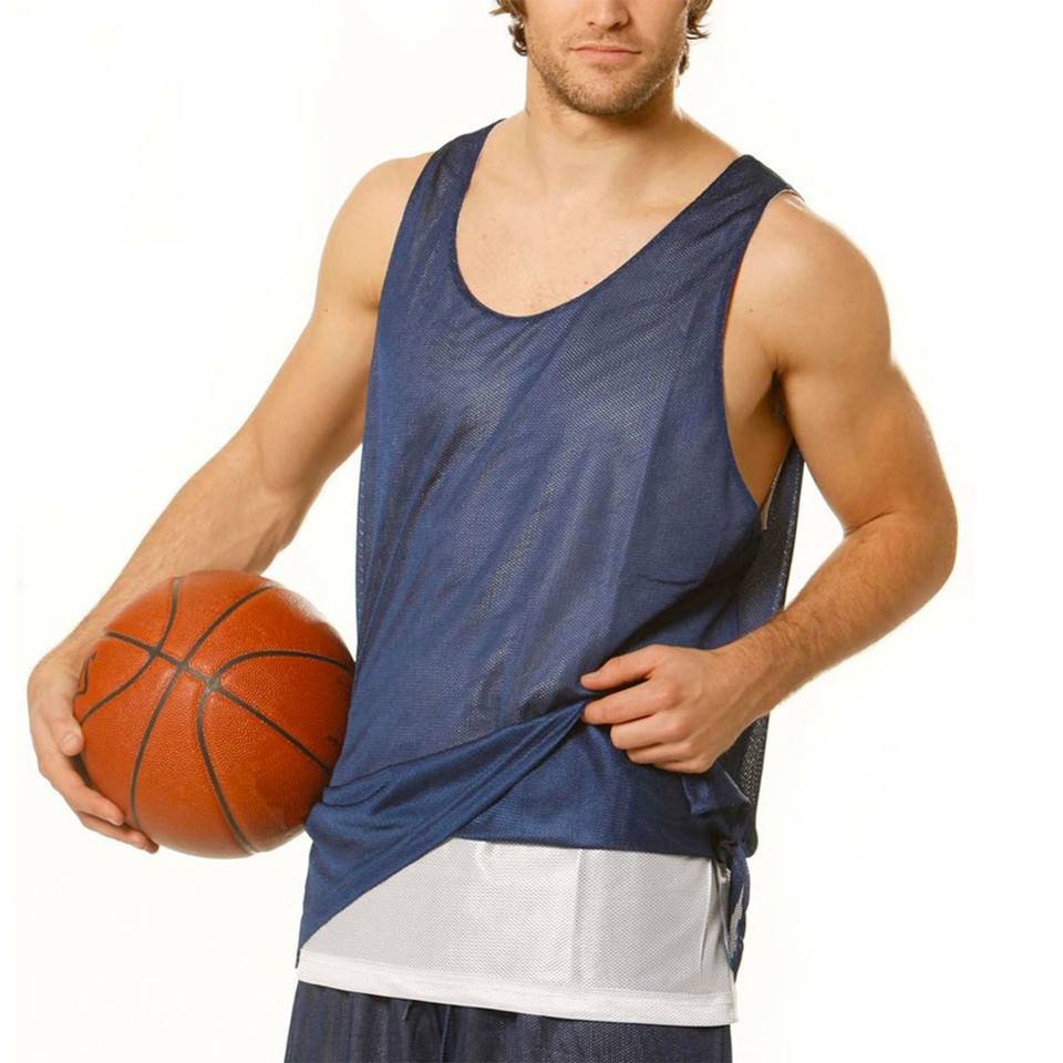 Navy and white reversible basketball singlet with contrasting side panels and loose athletic fit