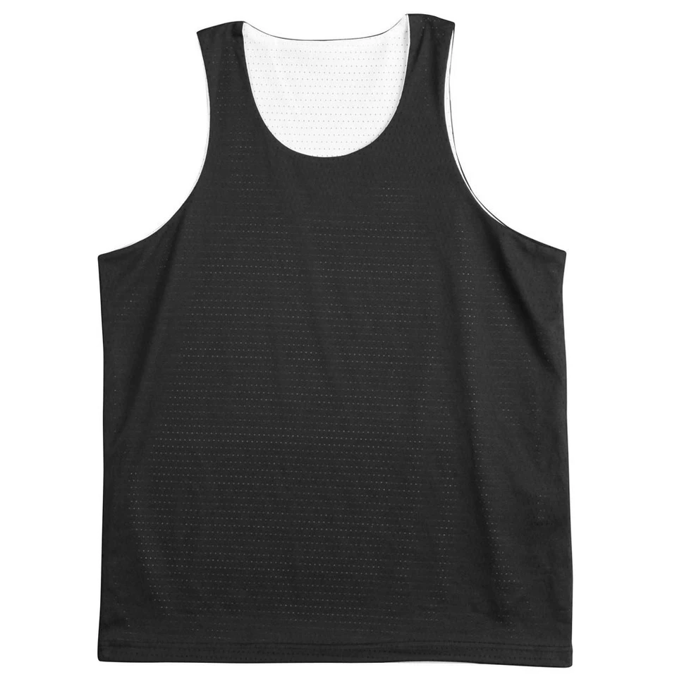 Reversible basketball singlet in black and white with contrasting mesh panels and scoop neck