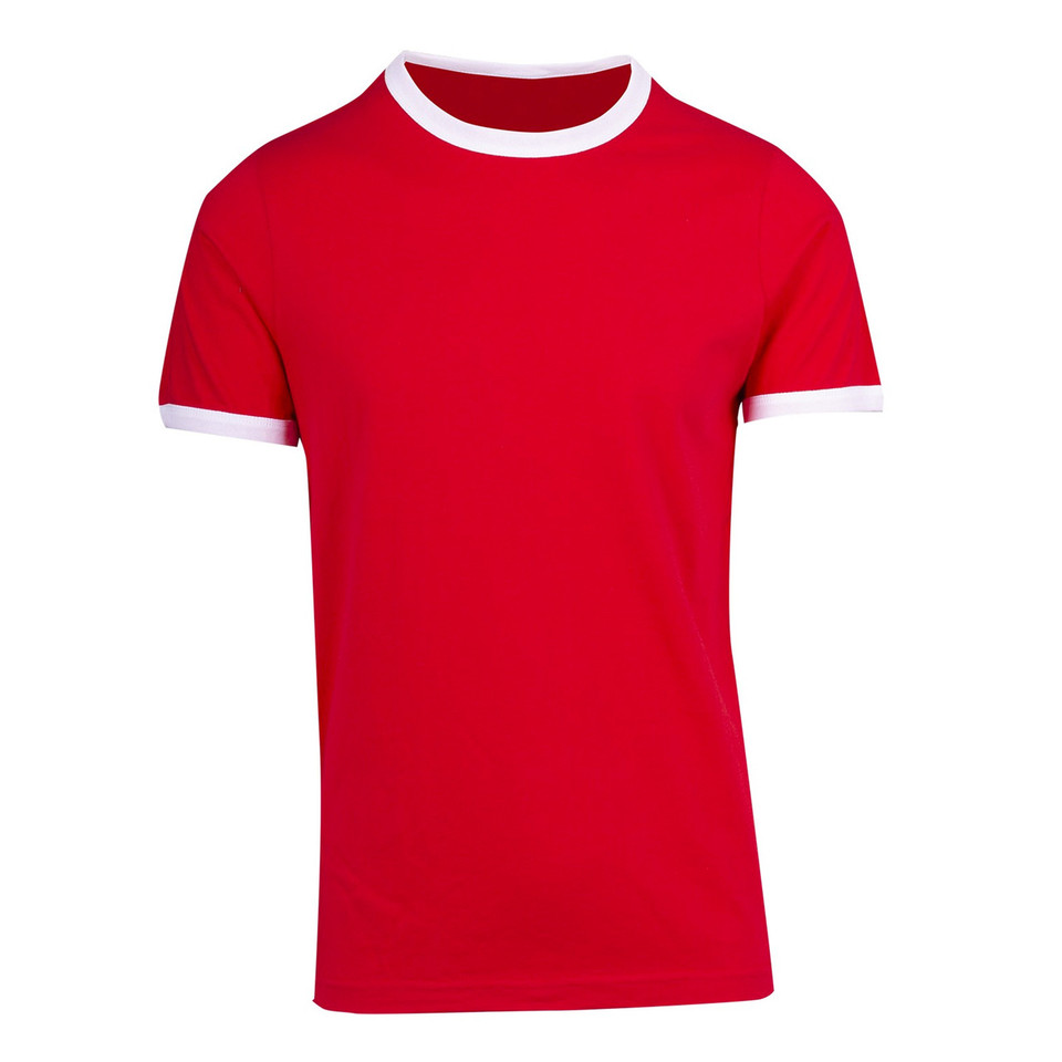 MAX unisex slim fit retro ringer T-shirt in 195gsm 100% cotton jersey knit, featuring a red body and white contrast neck and sleeve trim, ideal for bulk or custom printing.