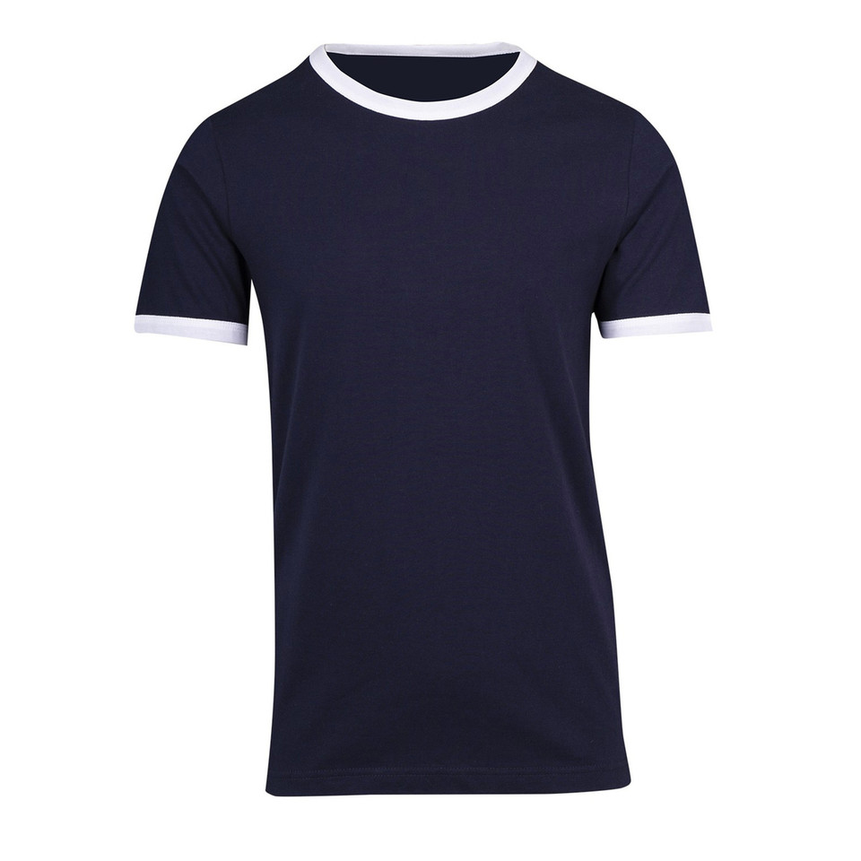 Navy blue slim fit t-shirt with white contrast trim on crew neck and sleeves