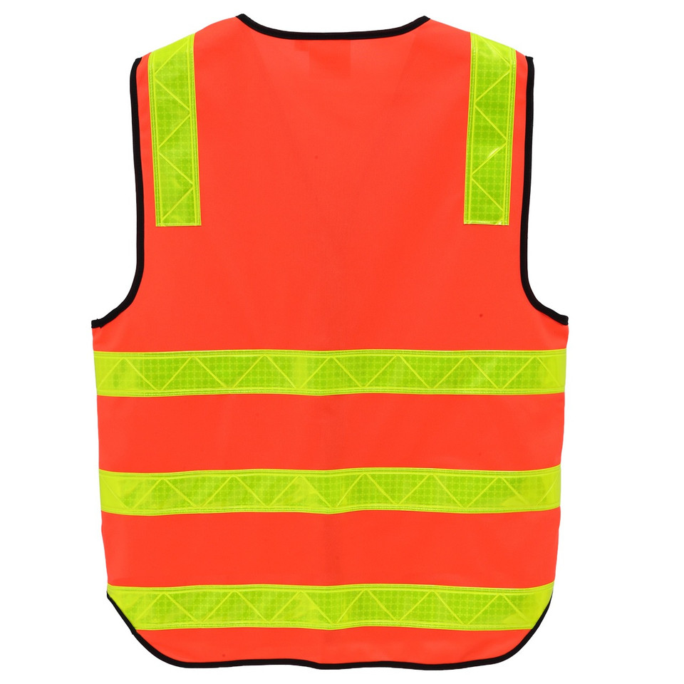 Red hi-vis safety vest with reflective tape - back view