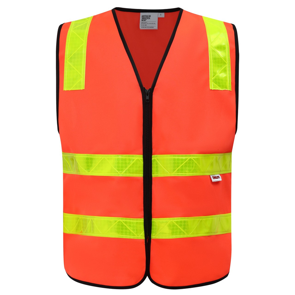 Red hi-vis safety vest with reflective tape - flat studio shot