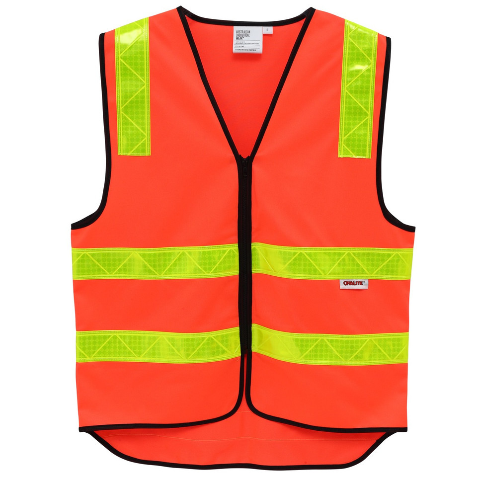 Red hi-vis safety vest with reflective tape - detail view