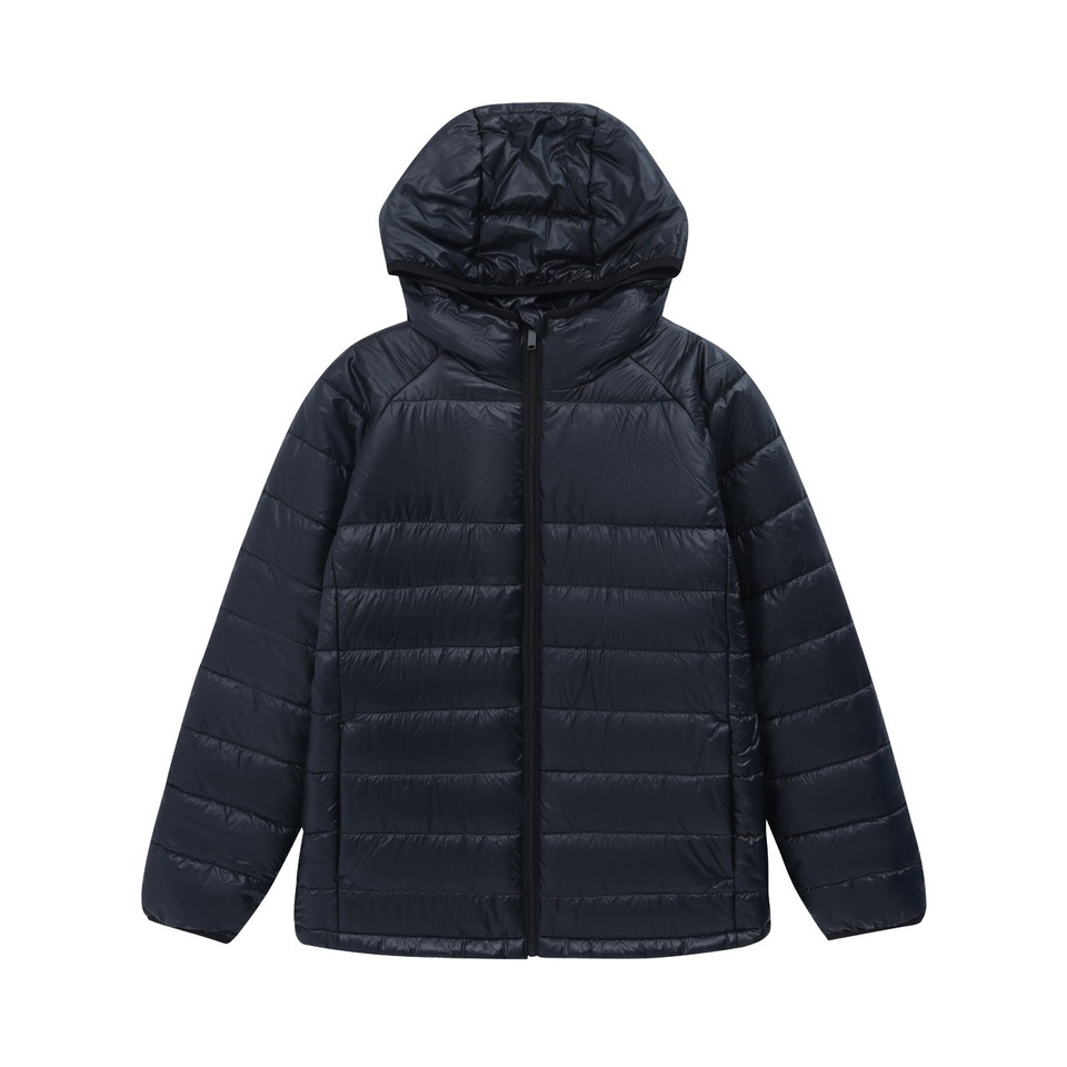 Black JUNEAU kids hooded puffer jacket made from sustainable recycled lightweight materials