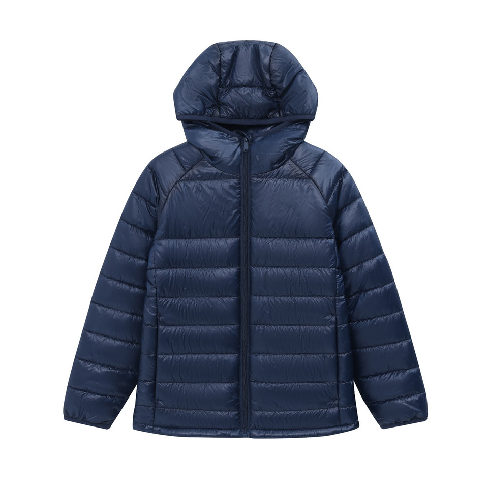 Navy JUNEAU kids' lightweight hooded puffer jacket made from sustainable recycled materials