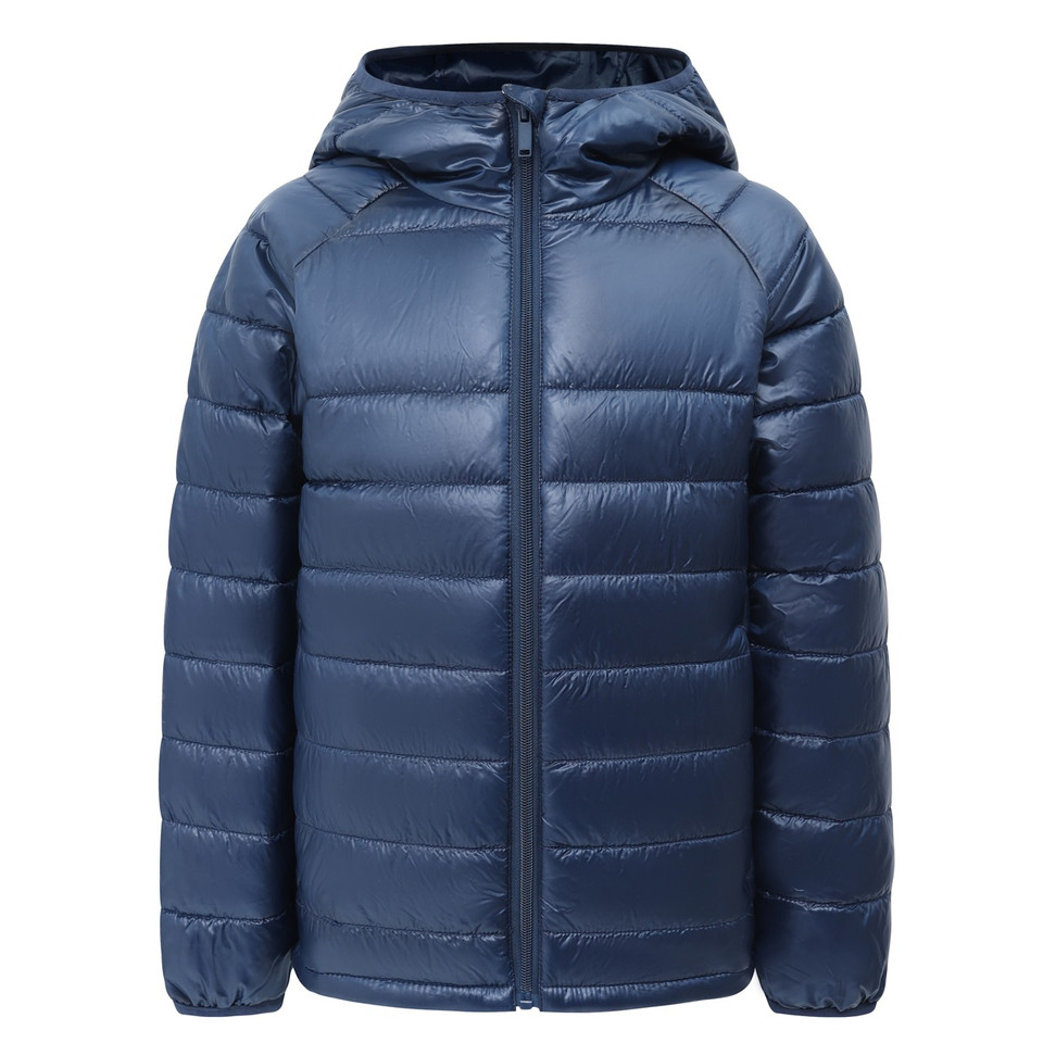 Navy kids sustainable lightweight hooded puffer jacket - detail view