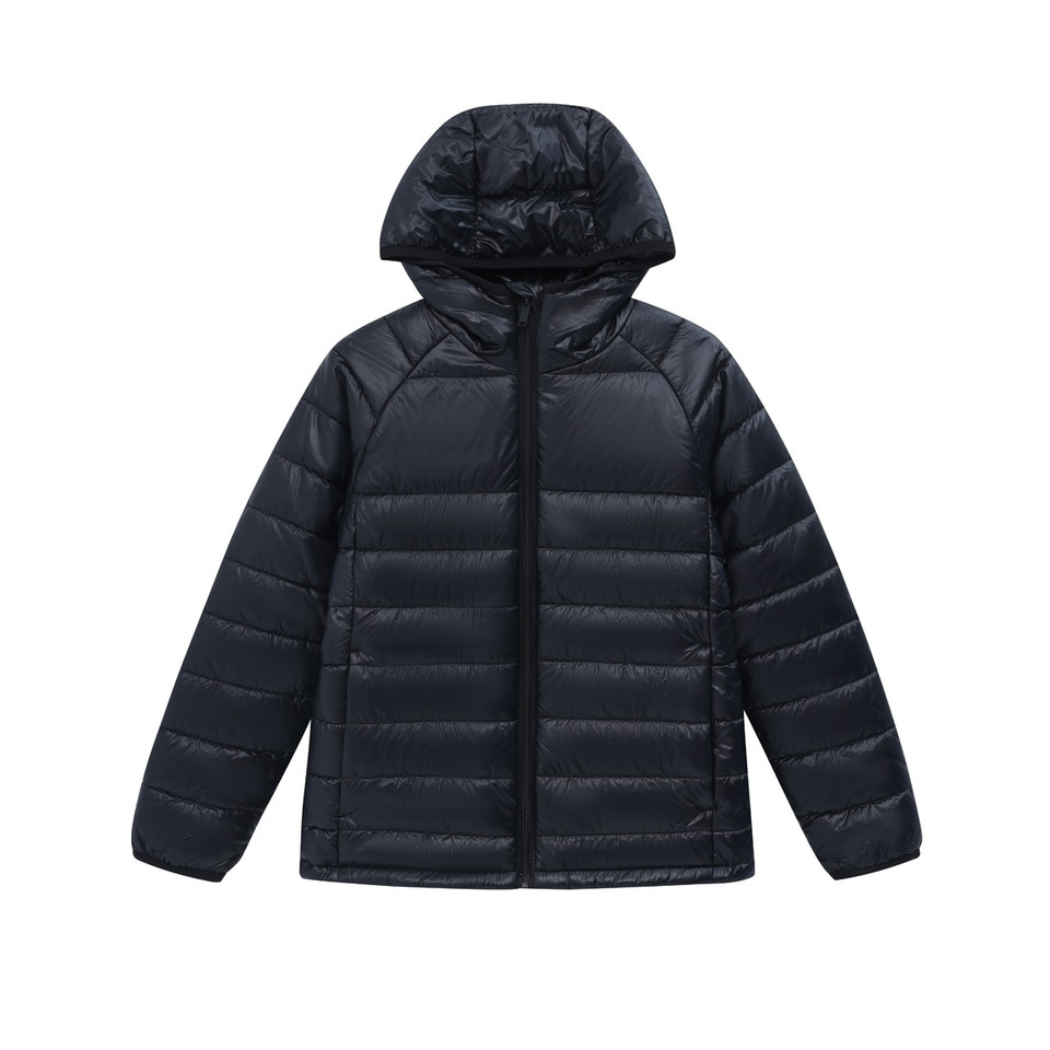 JUNEAU black hooded puffer jacket made from sustainable lightweight recycled materials for adults