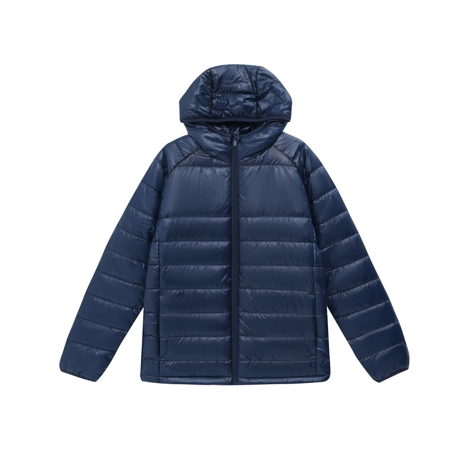 Navy JUNEAU sustainable lightweight hooded puffer jacket made from recycled materials for adults