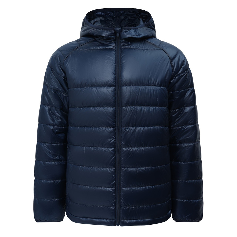 Navy adults sustainable lightweight hooded puffer jacket - detail view
