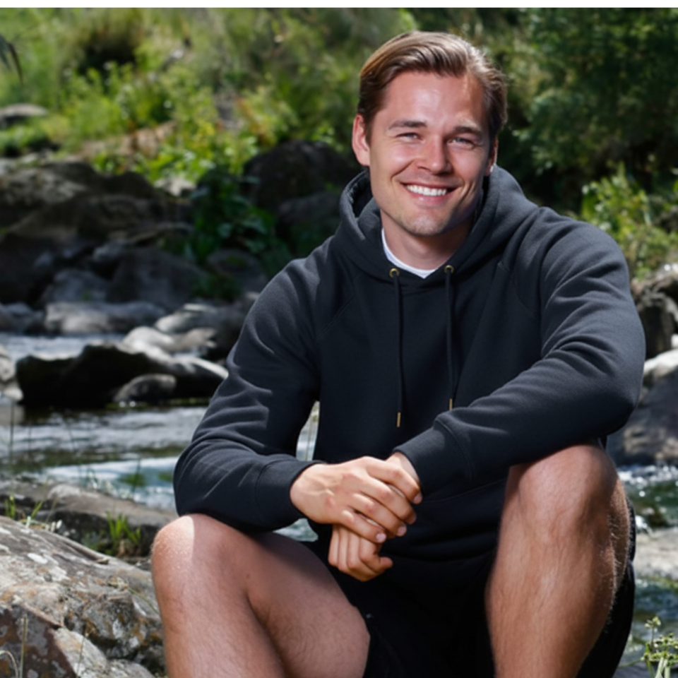 Navy Kanga Men's Cotton Rich Hoodie worn by a model sitting by a stream outdoors.