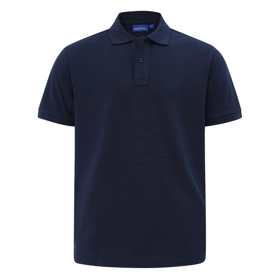 Navy mens cotton/poly pique polo - flat studio front view