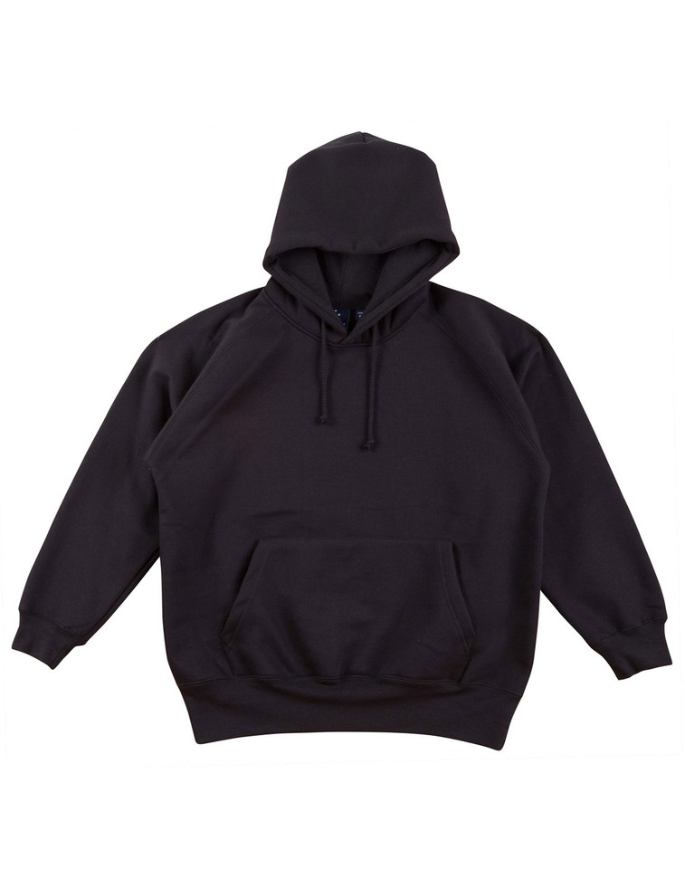 Black cotton-rich hoodie with kangaroo pocket and drawstring hood laid flat on white background