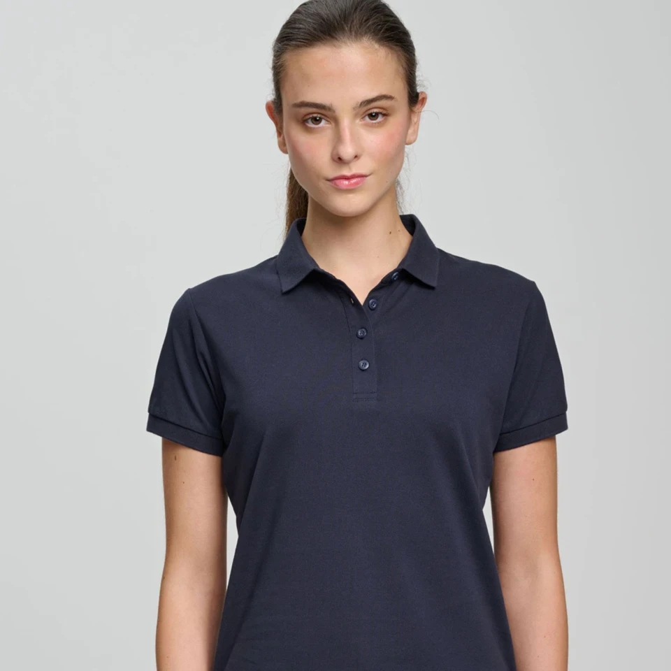 BAHAMA women's navy cotton pique polo - model front view