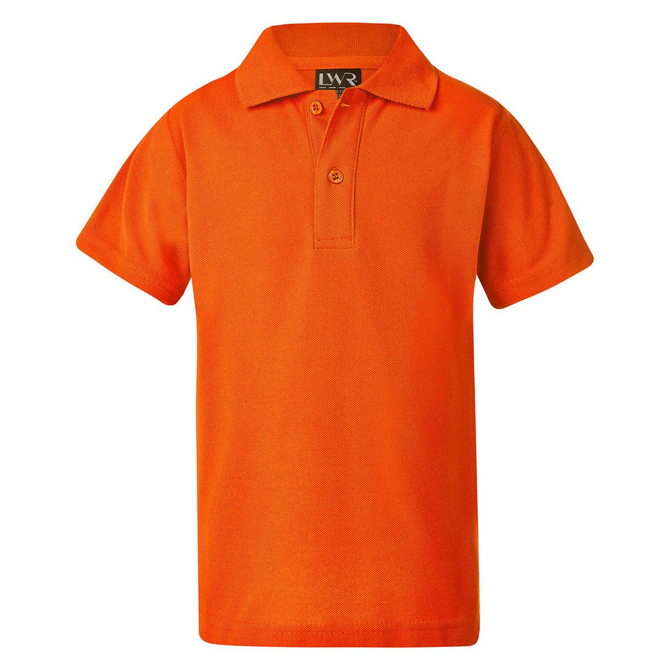 Kids orange pique polo shirt with two-button placket and ribbed collar, flat lay packshot