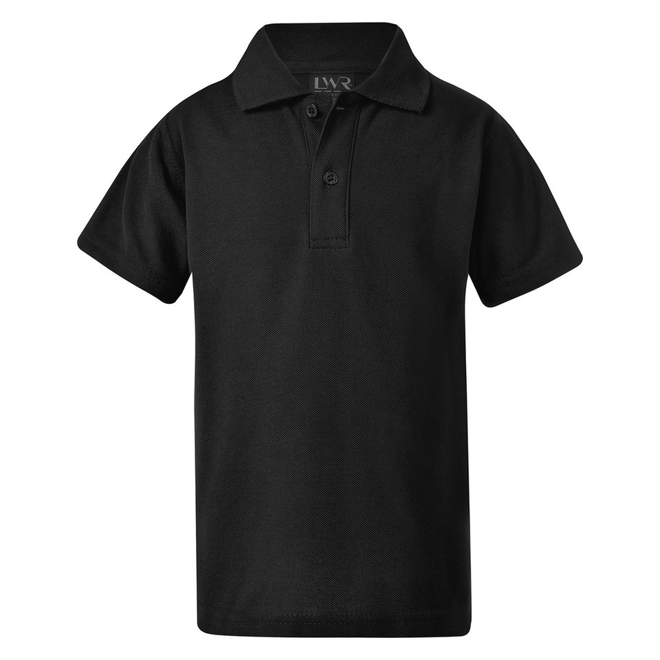 Black kids pique polo shirt with flat collar and two-button placket, flat lay packshot