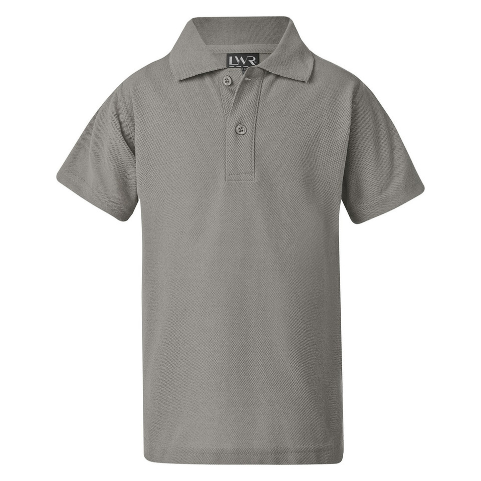 Kids sage green pique polo shirt with two-button placket and ribbed collar, flat lay packshot