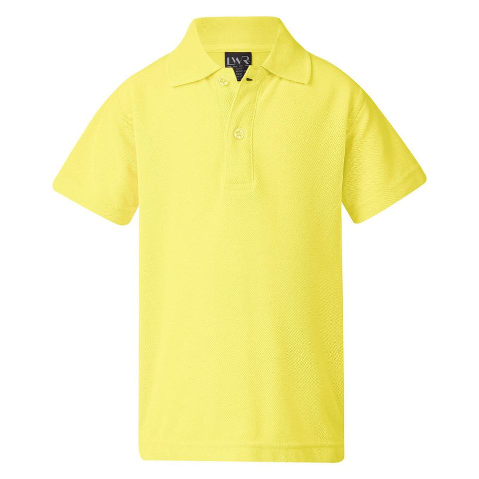 Kids yellow pique polo shirt with two-button placket and classic spread collar, flat lay