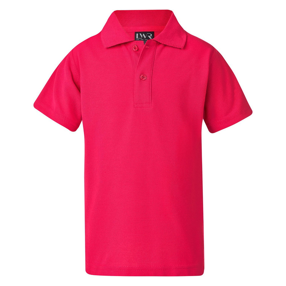Kids hot pink pique polo shirt with ribbed texture, classic collar and three-button placket