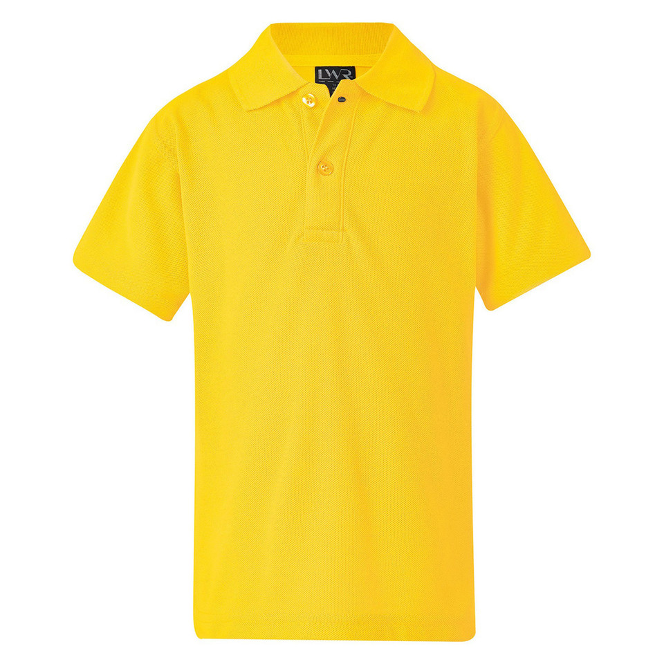 Kids sunflower yellow pique polo shirt with two-button placket and ribbed collar, flat lay