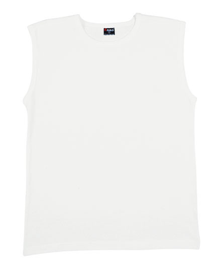 White sleeveless muscle shirt with crew neck and relaxed armholes on plain background