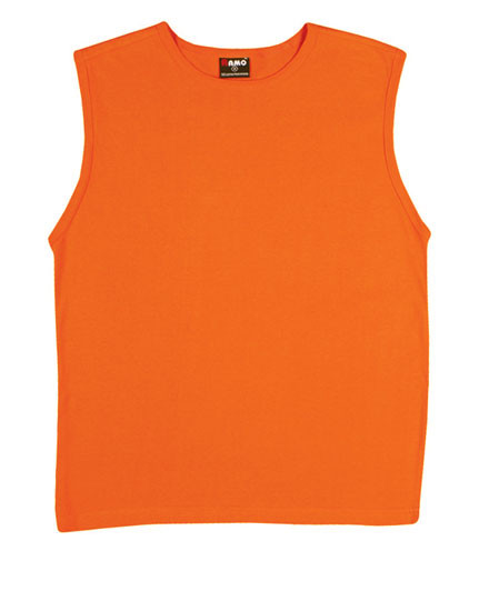 Orange sleeveless muscle tee with crew neck, flat front panel, packshot on white