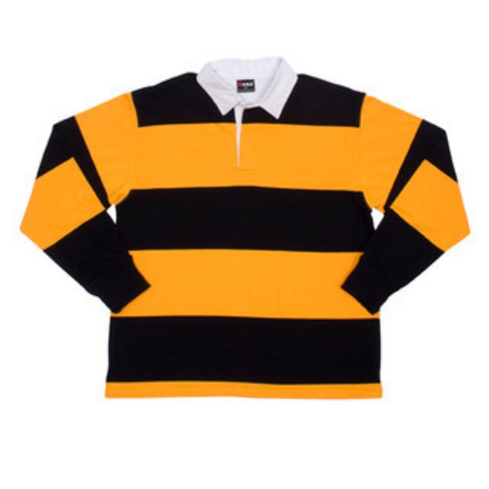 Black+Gold ORIGIN Striped Rugby Jersey, a traditional cotton long-sleeve rugby shirt with a classic collar, durable construction, and contrasting horizontal stripes, perfect for team uniforms.
