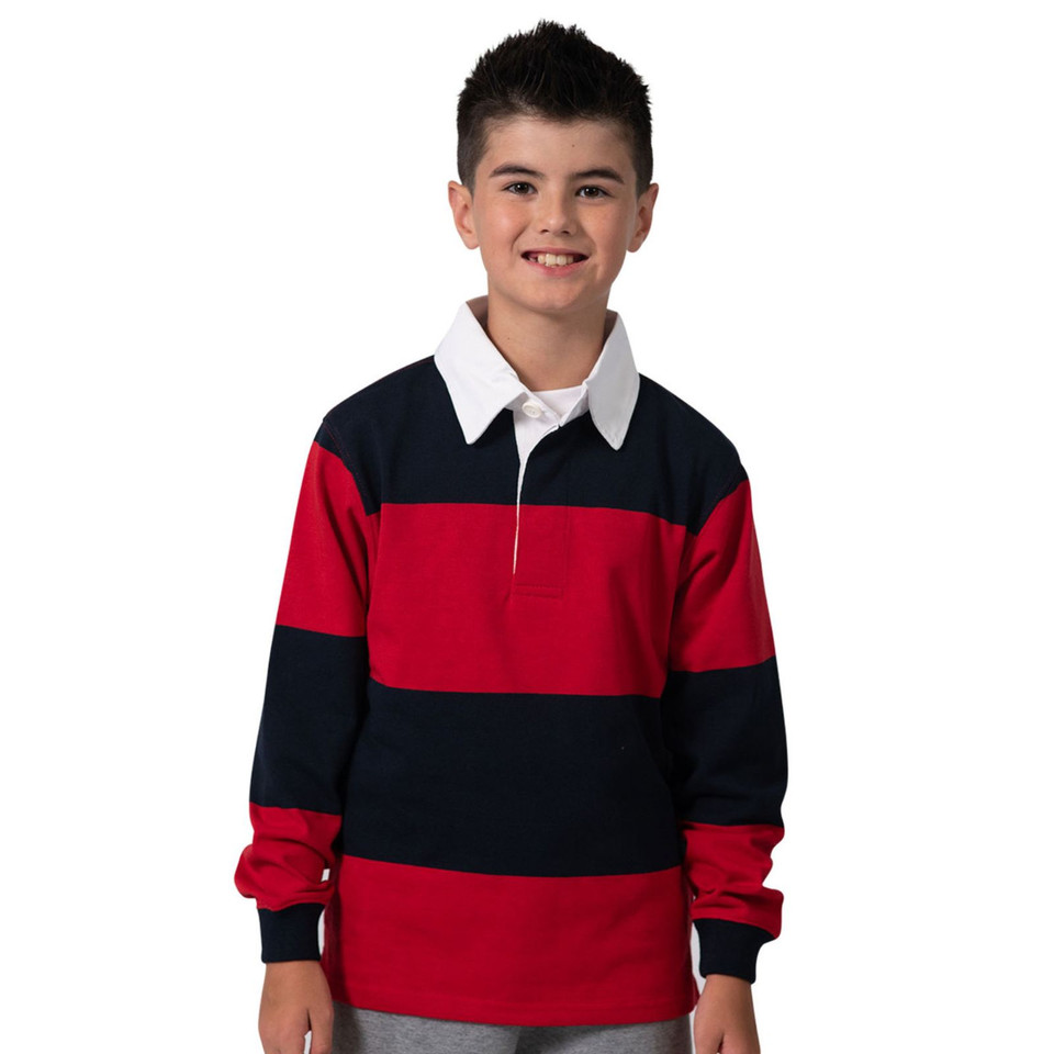 A plain kids' ORIGIN rugby jersey featuring a yarn-dyed jacquard stripe pattern and a woven collar/placket. The soft, durable jersey is made from 360gsm, 80% Cotton / 20% Polyester fabric. Ideal for teamwear and casual kids' wear.