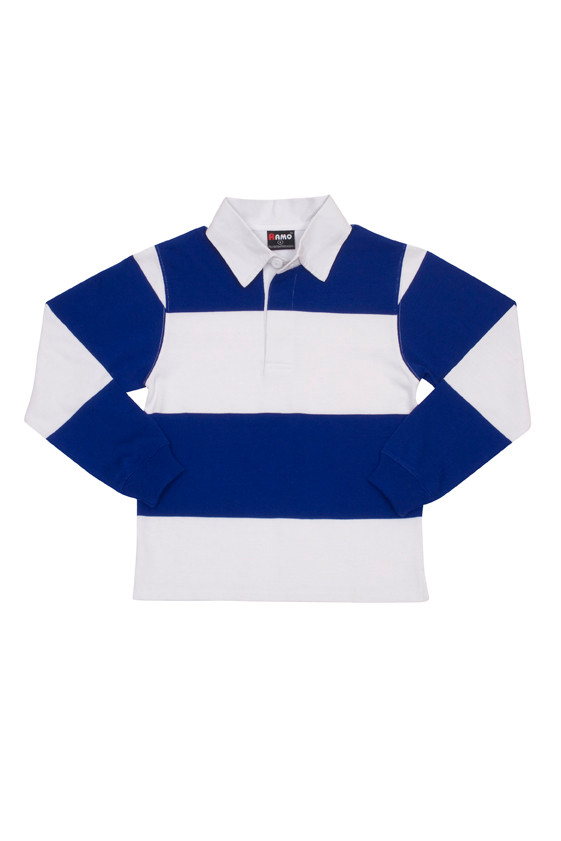 A plain royal and white kids' ORIGIN rugby jersey featuring a yarn-dyed jacquard stripe pattern and a woven collar/placket. The soft, durable jersey is made from 360gsm, 80% Cotton / 20% Polyester fabric. Ideal for teamwear and casual kids' wear.