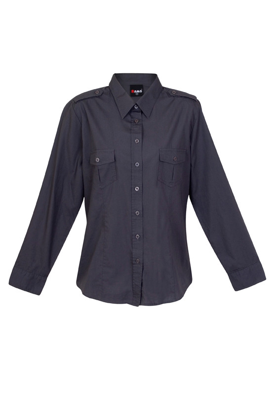 Charcoal grey women's long sleeve military shirt with epaulettes and twin chest pockets