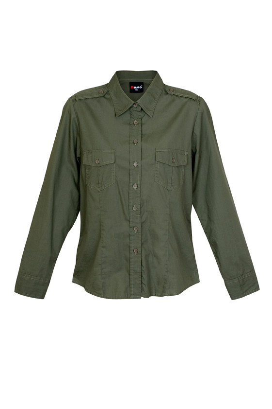 Women's army green long sleeve military shirt with epaulettes, twin chest pockets, and button-through front