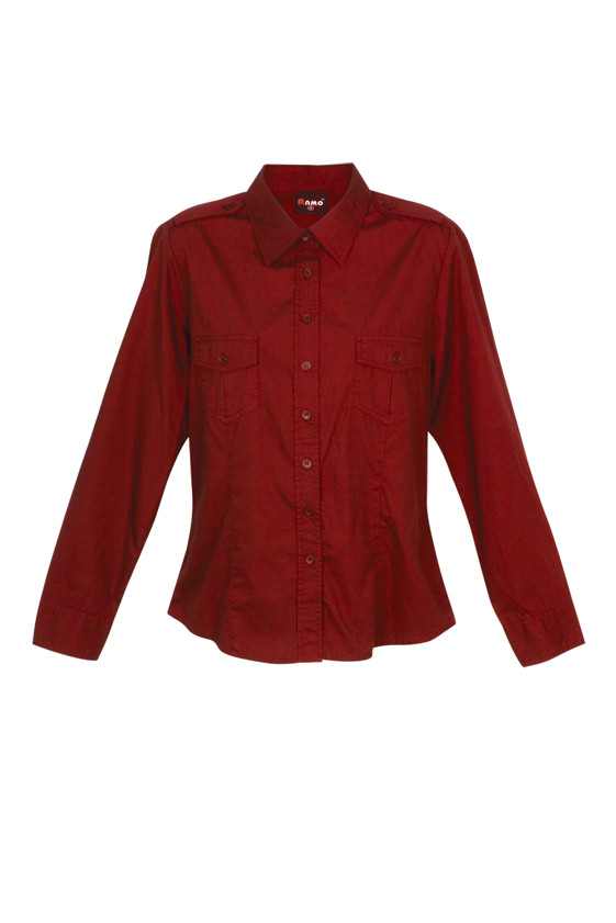 Deep red women's long sleeve military shirt with twin chest pockets and button-through front