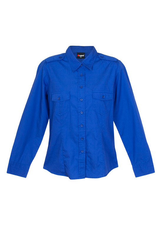 Royal blue women's military shirt with dual chest pockets and long sleeves