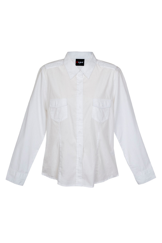 White women's long sleeve military shirt with dual chest pockets and button-down collar