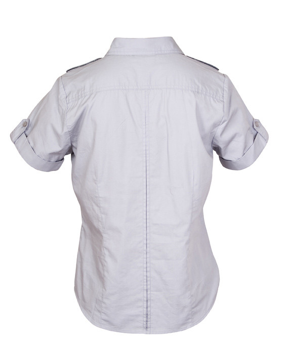 Silver grey women's short sleeve military shirt, back view, shoulder epaulettes and roll-tab sleeves