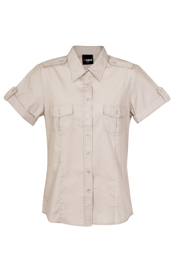 Women's stone short sleeve military shirt with epaulettes, twin chest pockets and button front