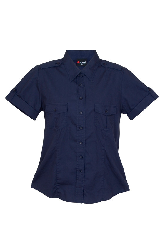 Navy blue women's military shirt with dual chest pockets and short sleeves, front button closure