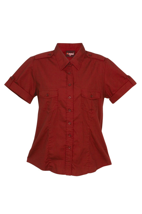 Women's deep red short sleeve military shirt with twin chest pockets, epaulettes, and button front