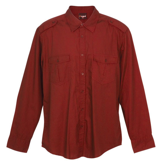 Crimson red long sleeve men's military shirt with epaulettes, twin chest pockets and button placket
